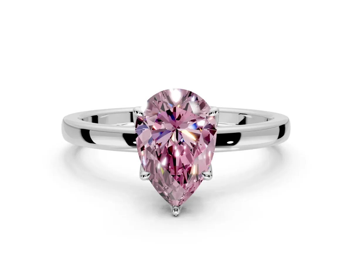 Solitaire Engagement Ring Setting for Fancy Pink Pear-Shaped Center with Thin Rounded Plain Band and Prong Head in Sterling Silver