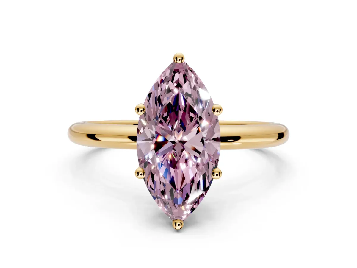 Hidden Halo Engagement Ring Setting for Fancy Pink Marquise Center with Thin Round-Wire Band and Prong Head in Yellow Gold