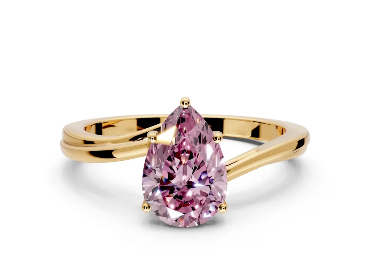 Solitaire Engagement Ring Setting for Fancy Pink Pear-Shaped Center with Plain Bypass Twist Band and Prong Head in Yellow Gold