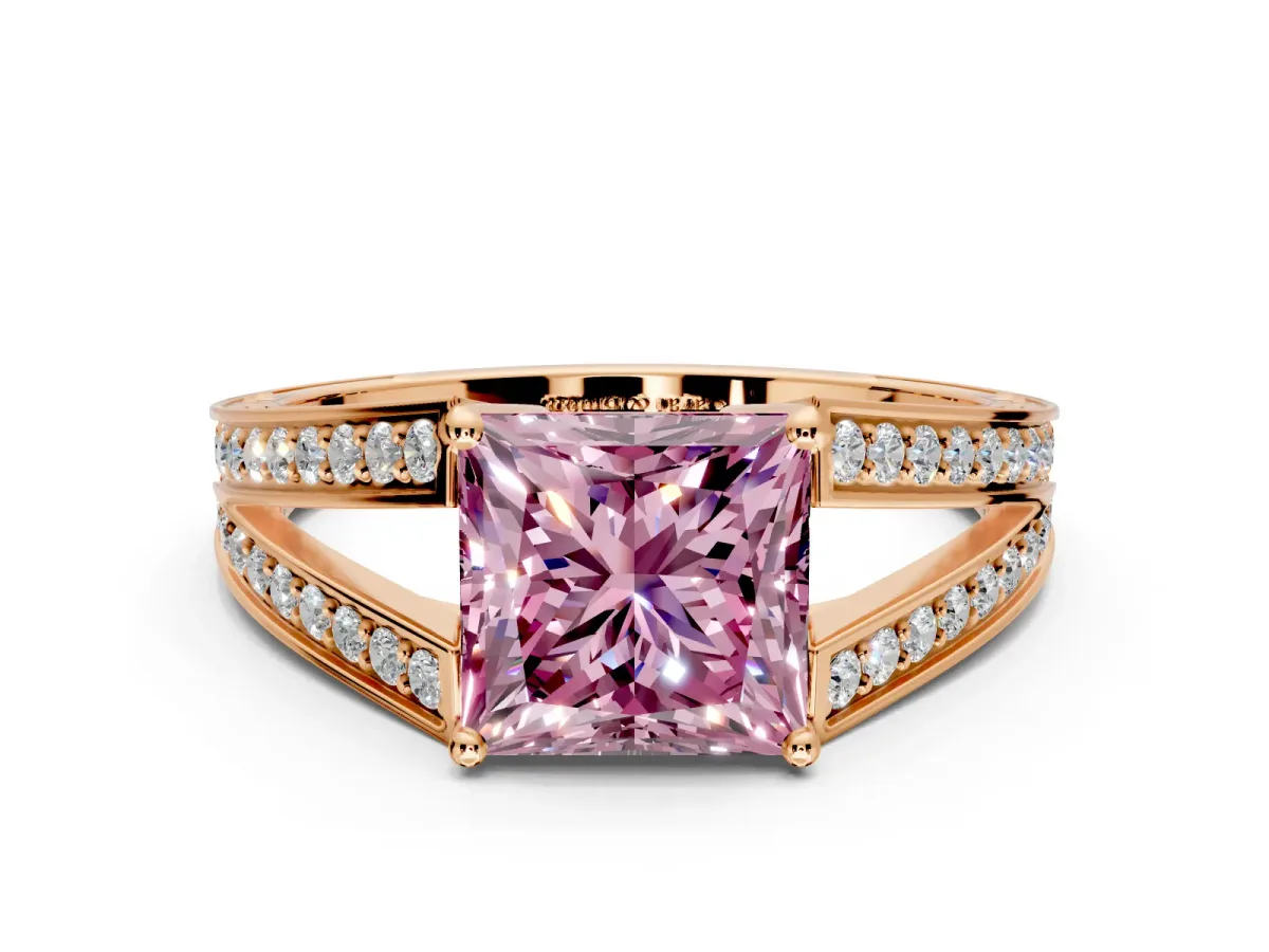 Split Shank Engagement Ring Setting for Fancy Pink Princess Cut Center with Pave Split Shank and Prong Head in Rose Gold