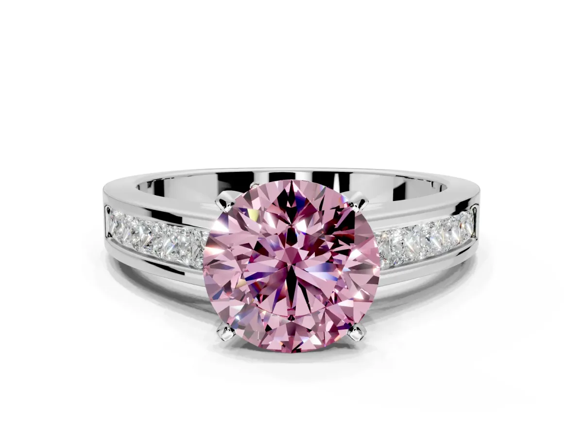 Solitaire Engagement Ring Setting for Fancy Pink Round Cut Center with Princess Cut Channel Band and Prong Head in White Gold