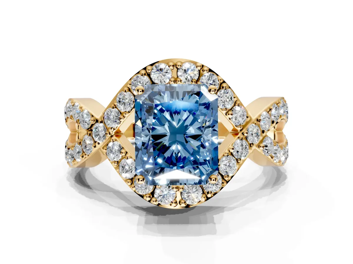 Halo Engagement Ring Setting for Fancy Blue Radiant Cut Center with Pave Infinity Twist Band and Prong Head in Yellow Gold