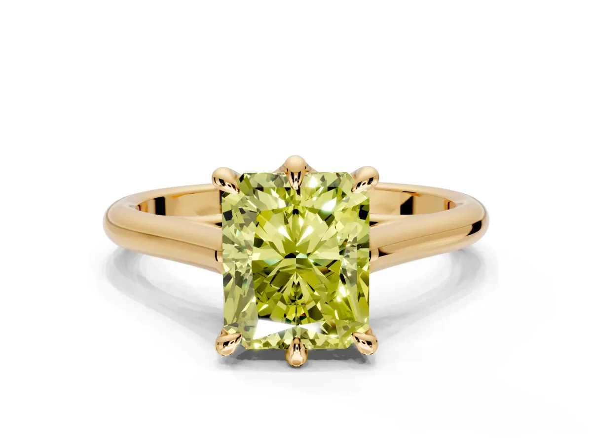Solitaire Engagement Ring Setting for Fancy Yellow Radiant Cut Center with Cathedral Band and Prong Head in Yellow Gold