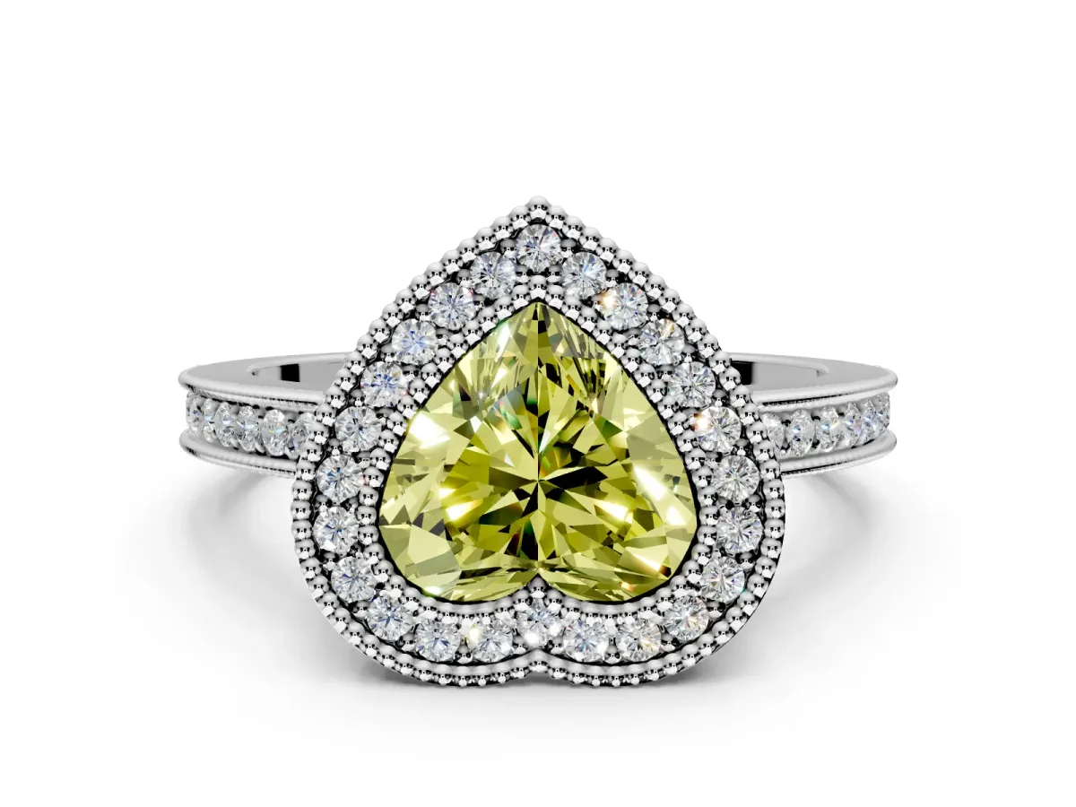 Halo Engagement Ring Setting for Fancy Yellow Heart-Shaped Center with Milgrain Halo, Pave Band and Prong Head in Platinum