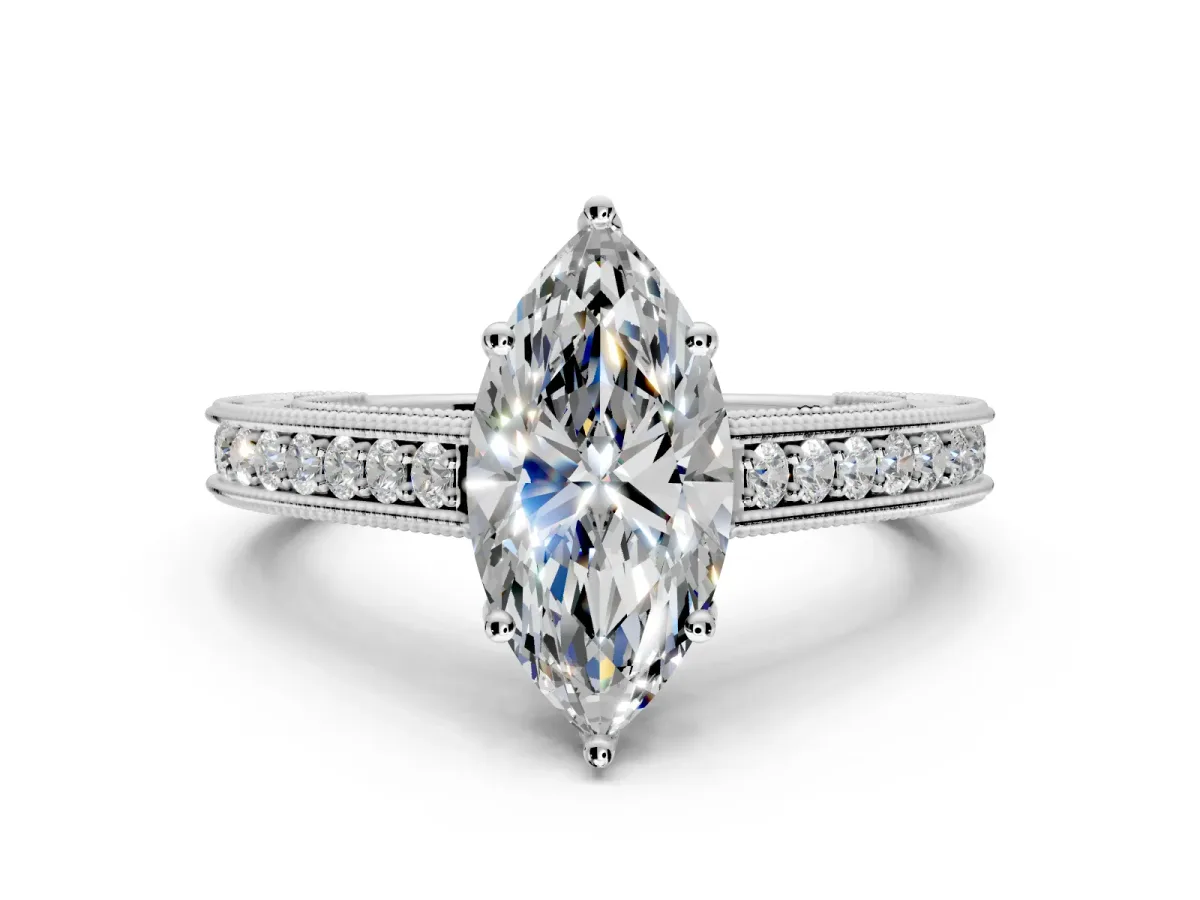 Solitaire Engagement Ring Setting for Marquise Center with Engraved Pave Band and Prong Head in Platinum