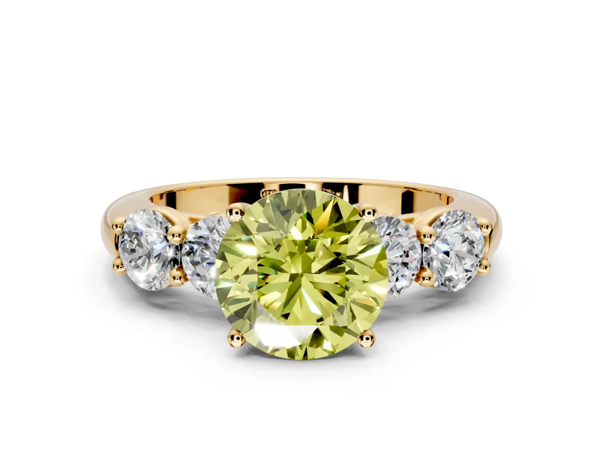5 Stone Engagement Ring Setting for Fancy Yellow Round Cut Center with Graduated Accents and Prong Head in Yellow Gold