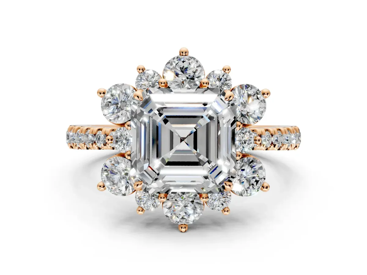 Floral Halo Engagement Ring Setting for Asscher Cut Center with Pave Accents and Prong Head in Rose Gold