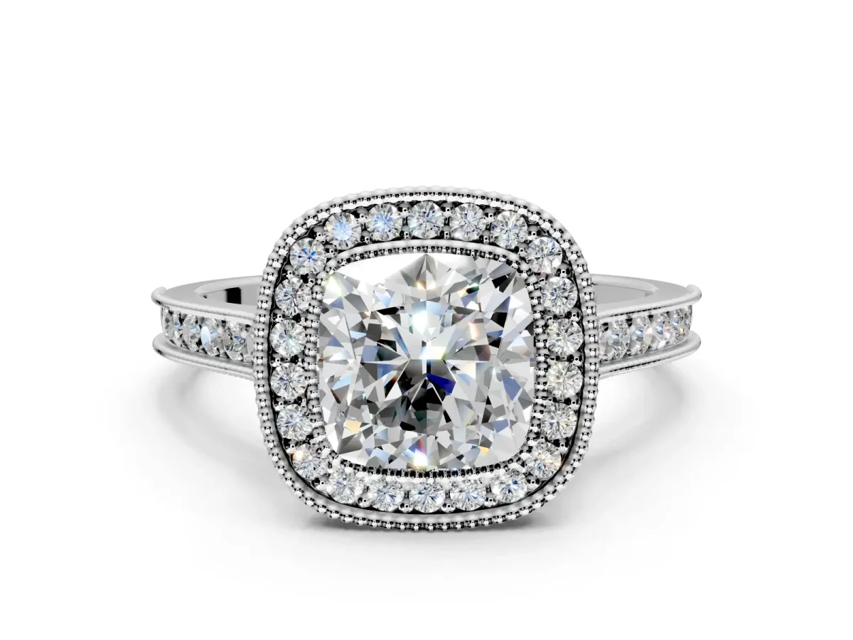 Halo Engagement Ring Setting for Cushion Cut Center with Milgrain Pave Band and Bezel Head in Platinum