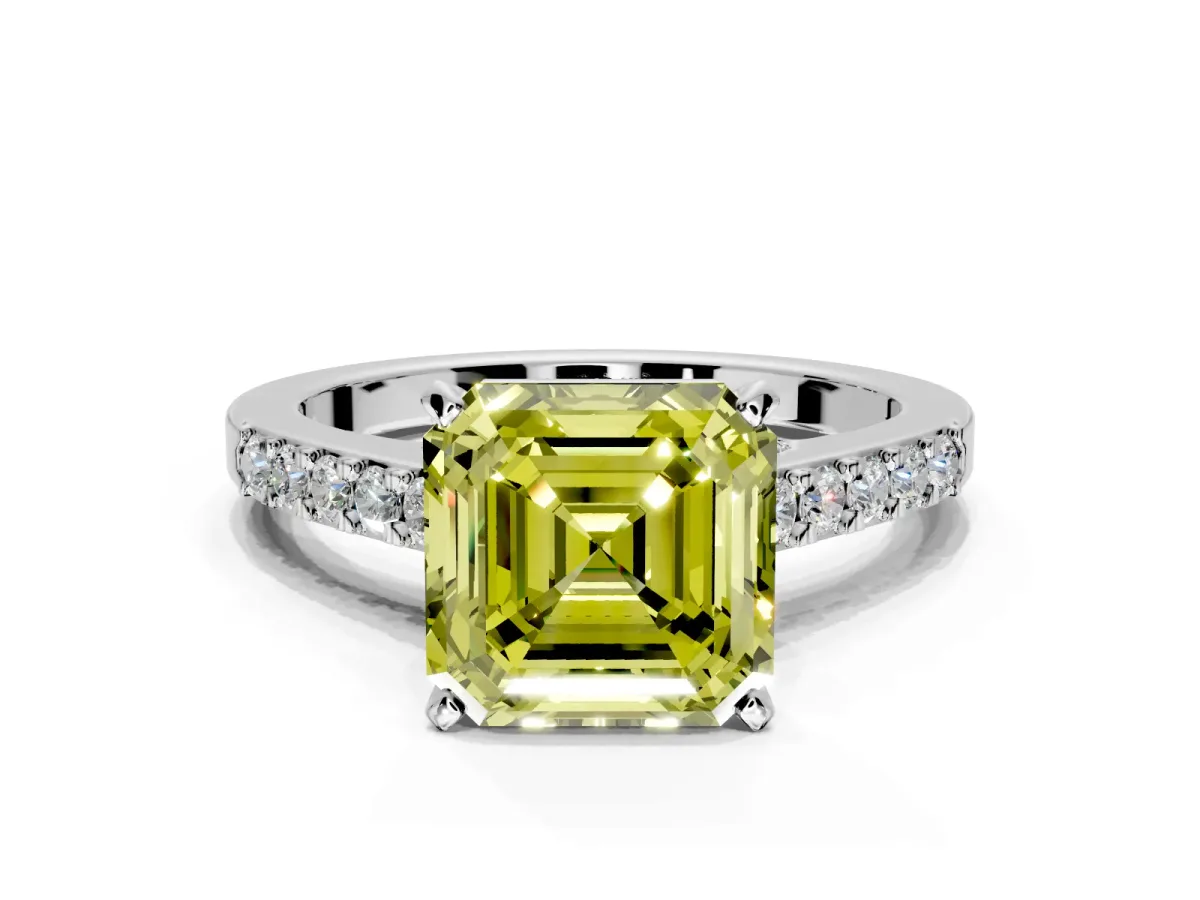 Solitaire Engagement Ring Setting for Fancy Yellow Asscher Cut Center with Crossover Accents and Prong Head in Sterling Silver