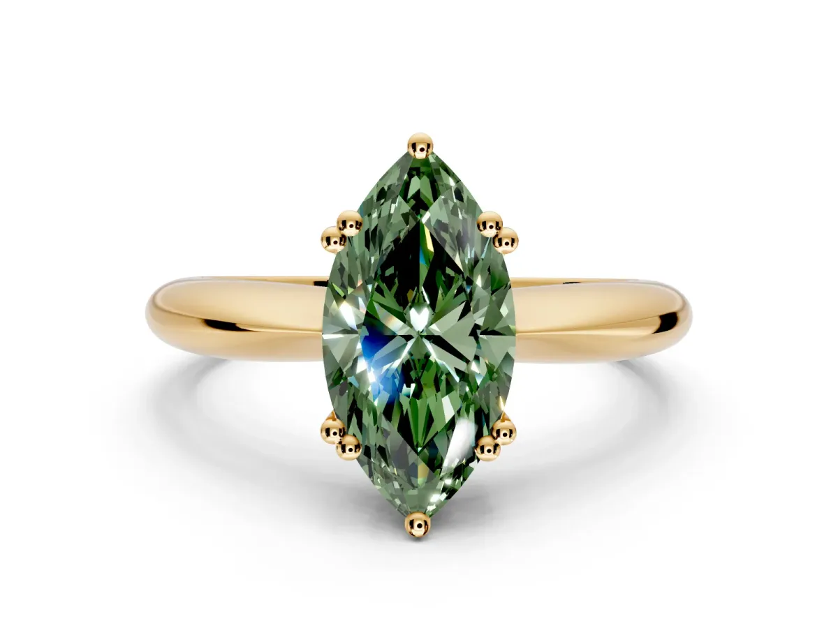Solitaire Engagement Ring Setting for Fancy Green Marquise Center with Reverse Tapered Band and Prong Head in Yellow Gold