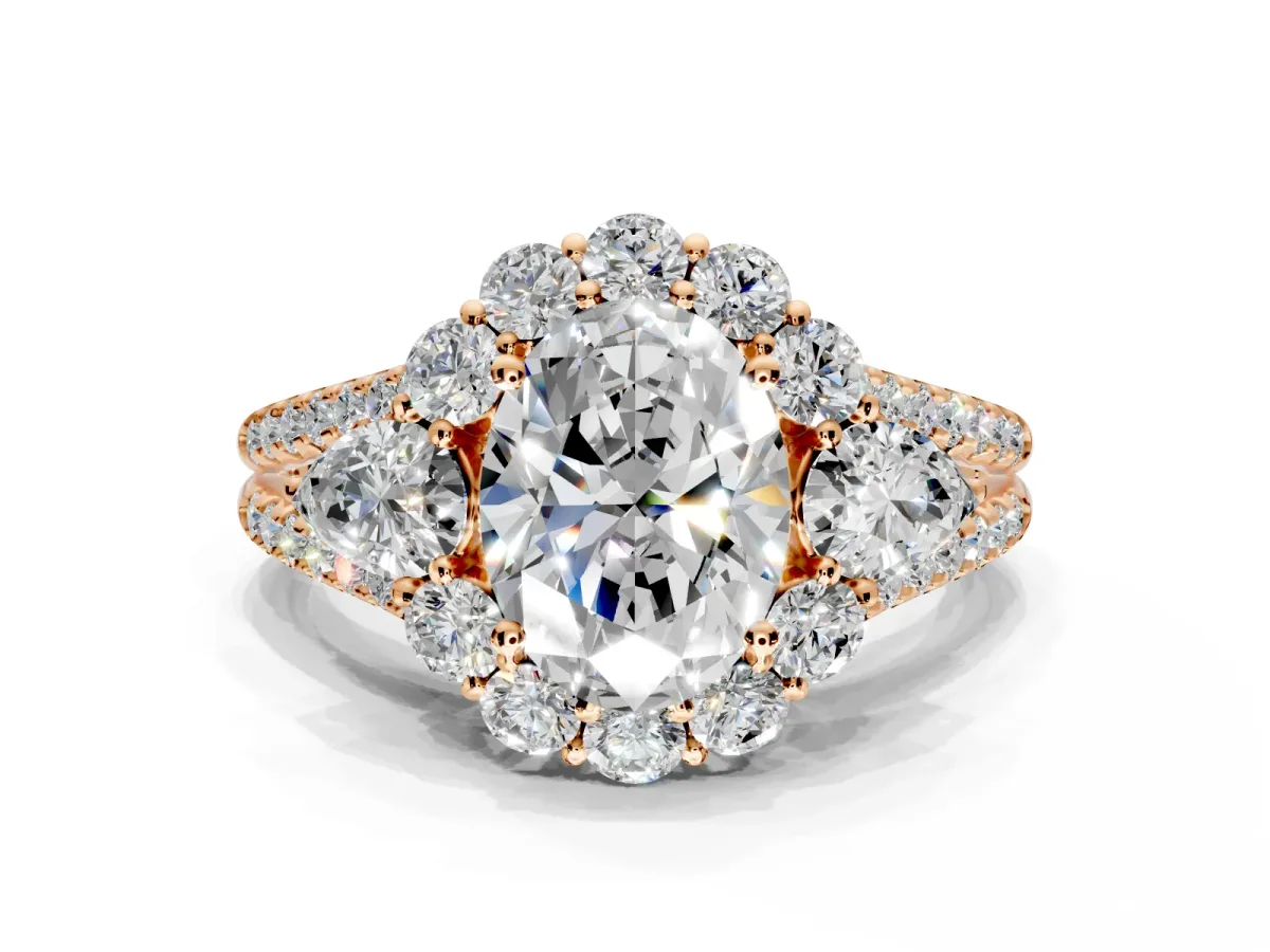 Halo Engagement Ring Setting for Oval Center with Two-Strand Split Shank and Prong Head in Rose Gold