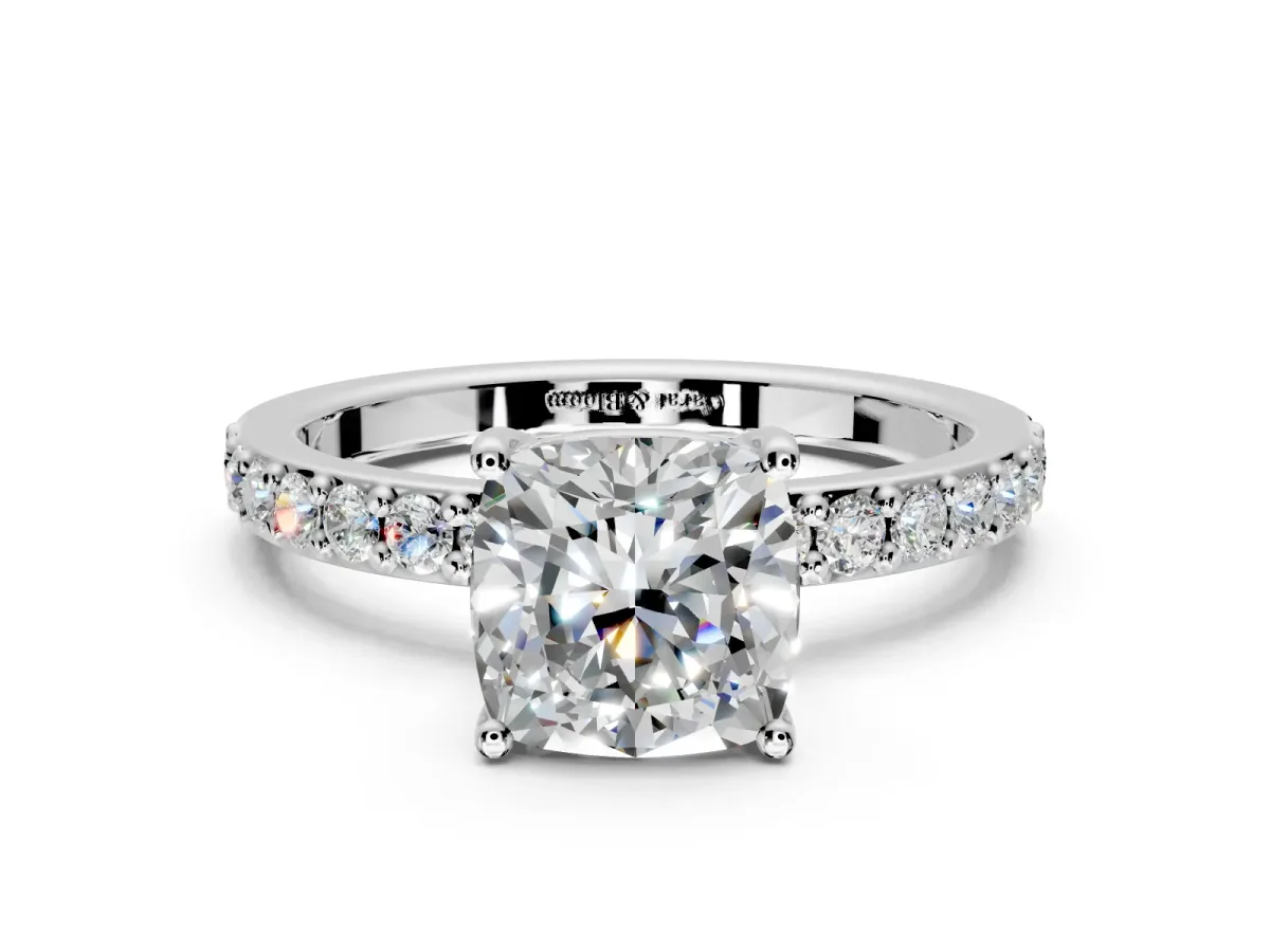 Solitaire Engagement Ring Setting for Cushion Cut Center with Round Cut Pave Band and Prong Head in Platinum