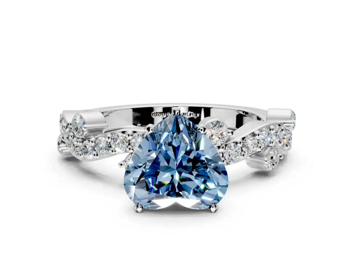 Solitaire Engagement Ring Setting for Fancy Blue Heart-Shaped Center with Bar-Station Pave Twist and Prong Head in Platinum