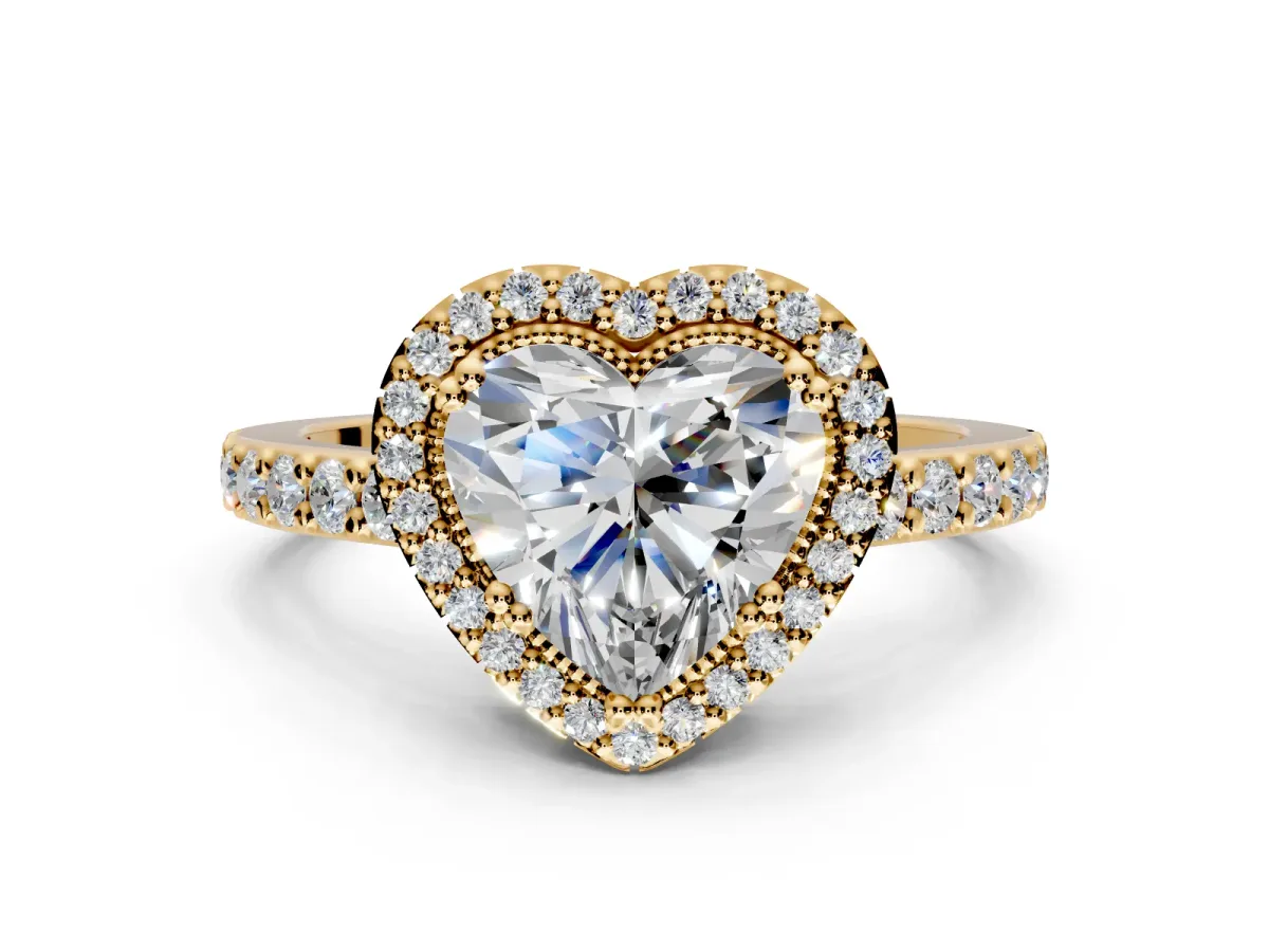 Halo Engagement Ring Setting for Heart-Shaped Center with Inner Milgrain Border and Prong Head in Yellow Gold