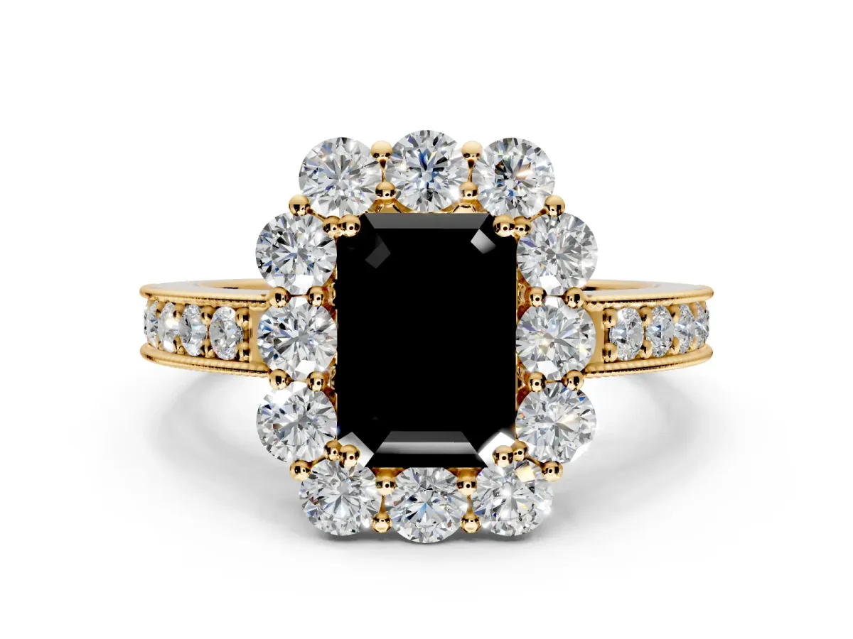 Halo Engagement Ring Setting for Fancy Black Emerald Cut Center with Milgrain Channel Band and Prong Head in Yellow Gold
