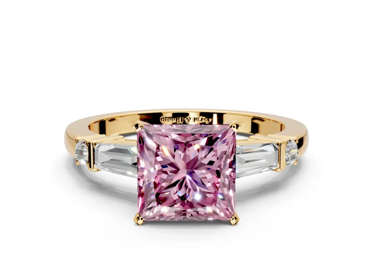 Bar-Set Engagement Ring Setting for Fancy Pink Princess Cut Center with Tapered Baguette Accents and Prong Head in Yellow Gold