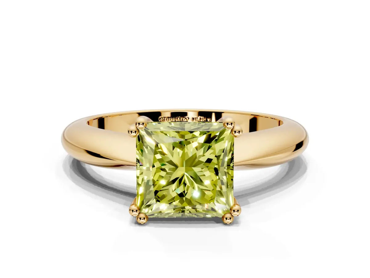 Solitaire Engagement Ring Setting for Fancy Yellow Princess Cut Center with Reverse Tapered Band and Prong Head in Yellow Gold