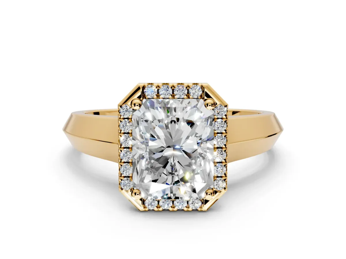 Halo Engagement Ring Setting for Radiant Cut Center with Knife Ridge Cathedral Band and Prong Head in Yellow Gold