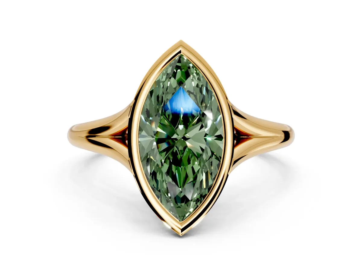 Solitaire Engagement Ring Setting for Fancy Green Marquise Center with V Split Shank and Bezel Head in Yellow Gold