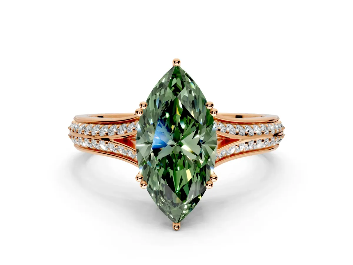 Solitaire Engagement Ring Setting for Fancy Green Marquise Center with Pave Rail Split Shank and Prong Head in Rose Gold