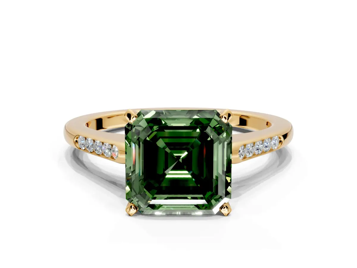 Solitaire Engagement Ring Setting for Fancy Green Asscher Cut Center with Channel Accents and Prong Head in Yellow Gold