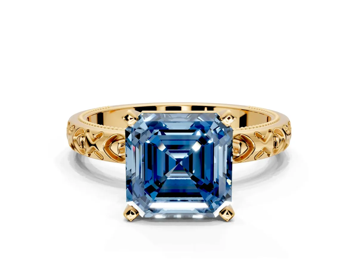 Solitaire Engagement Ring Setting for Fancy Blue Asscher Cut Center with XO Engraved Band and Prong Head in Yellow Gold