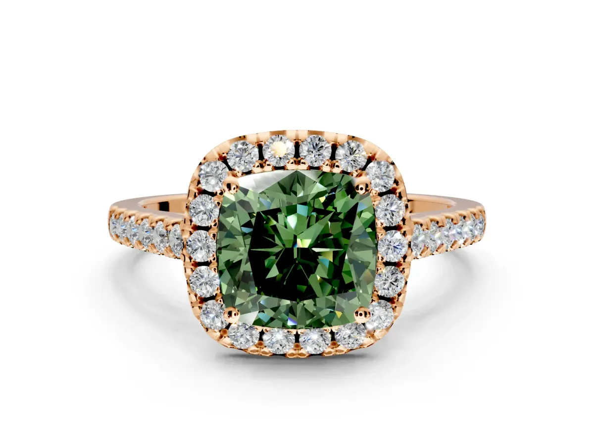 Halo Engagement Ring Setting for Fancy Green Cushion Cut Center with Raised Halo, Pave Band and Prong Head in Rose Gold