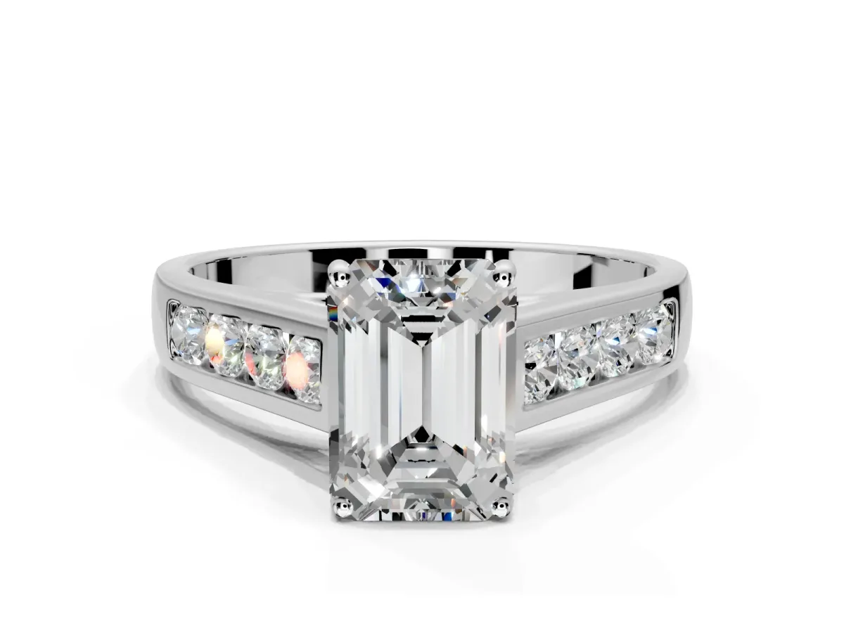 Solitaire Engagement Ring Setting for Emerald Cut Center with Round Cut Channel Band and Prong Head in Sterling Silver