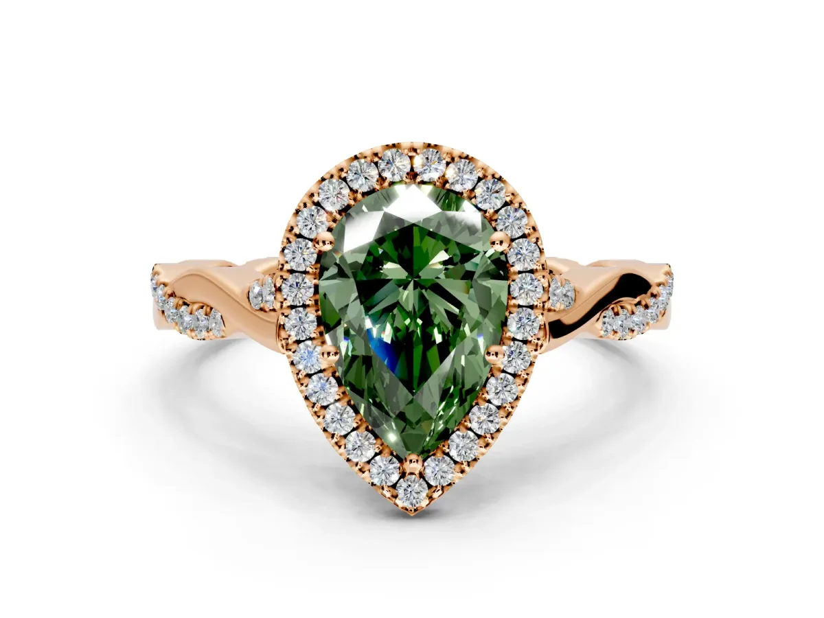 Halo Engagement Ring Setting for Fancy Green Pear-Shaped Center with Twist Band and Prong Head in Rose Gold