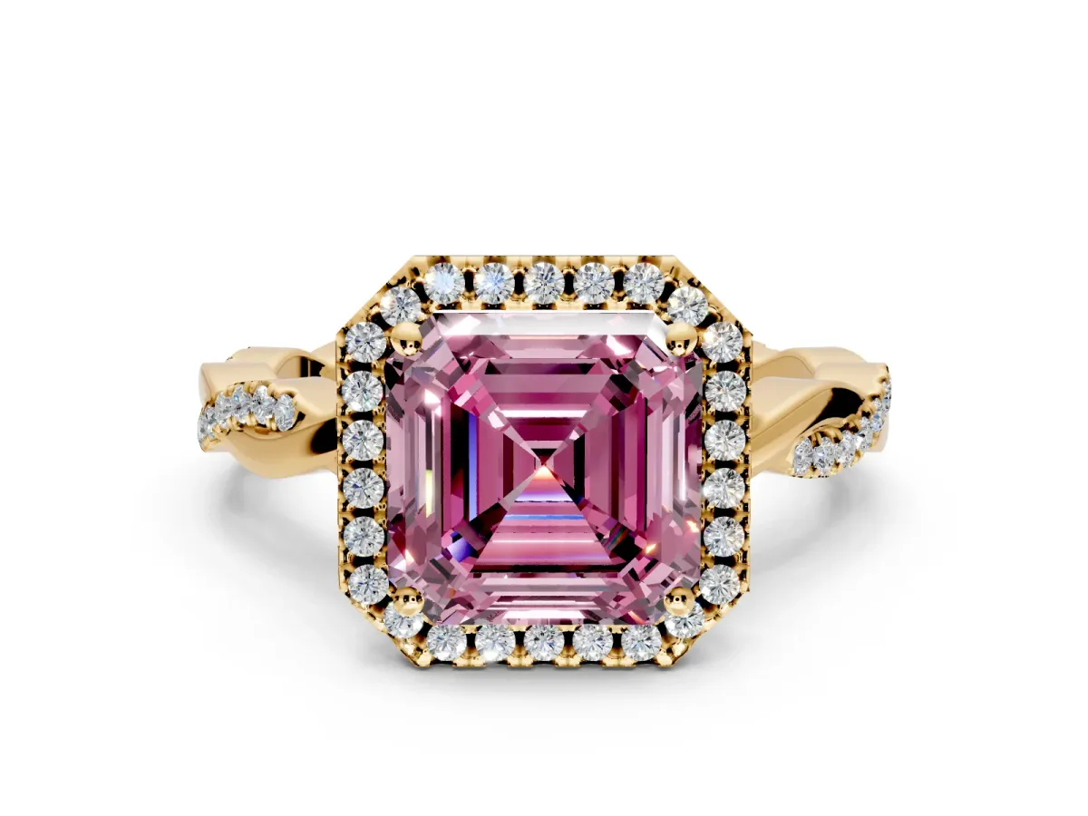 Halo Engagement Ring Setting for Fancy Pink Asscher Cut Center with Pave and Plain Twist Band and Prong Head in Yellow Gold