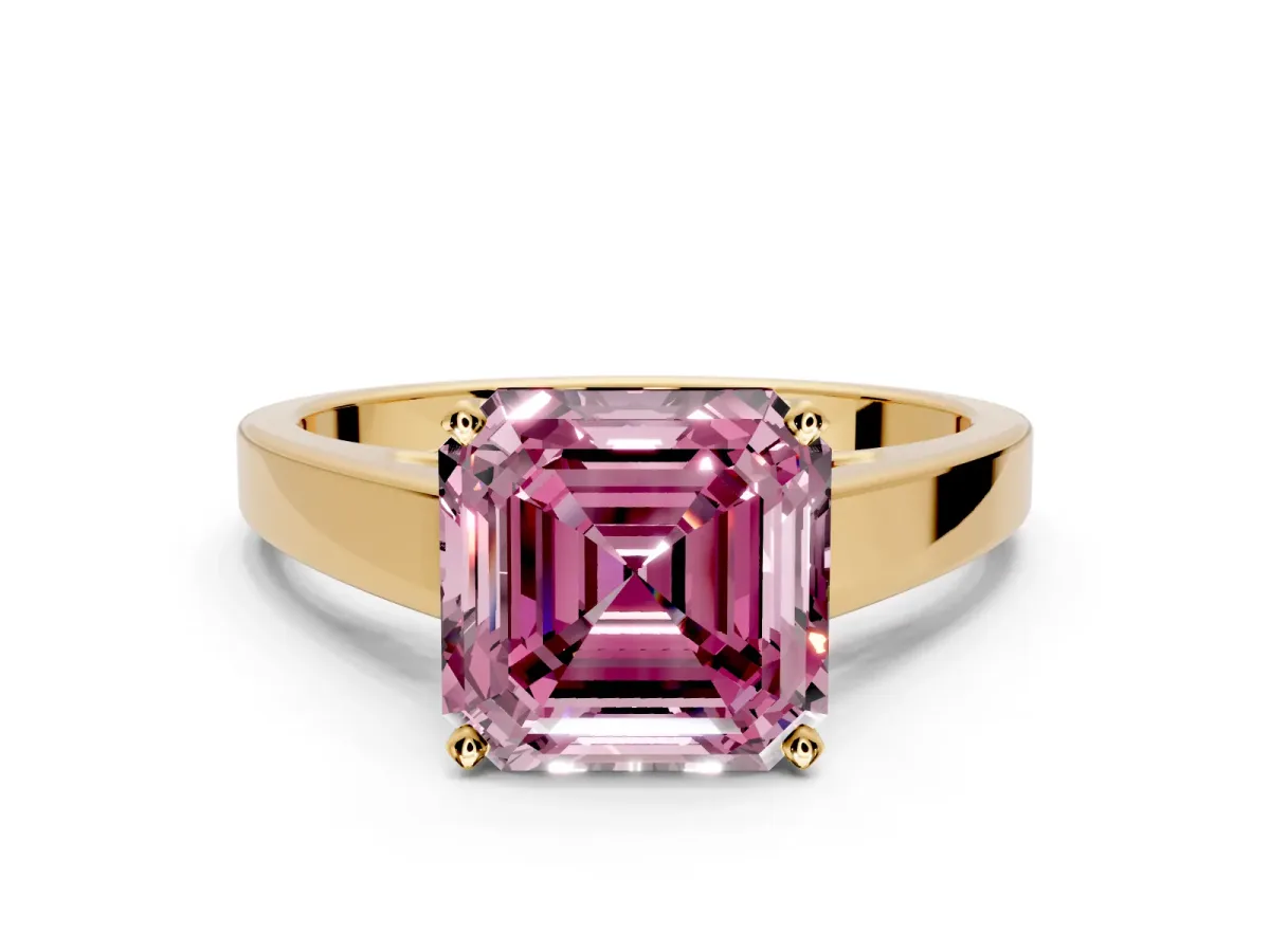 Solitaire Engagement Ring Setting for Fancy Pink Asscher Cut Center with Tapered Split Shoulders and Prong Head in Yellow Gold