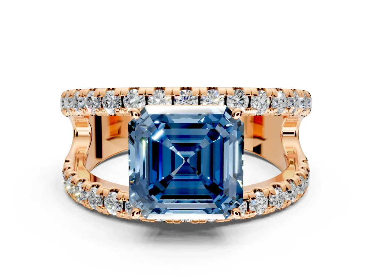 Solitaire Engagement Ring Setting for Fancy Blue Asscher Cut Center with Wide-Open Split Shank and Prong Head in Rose Gold