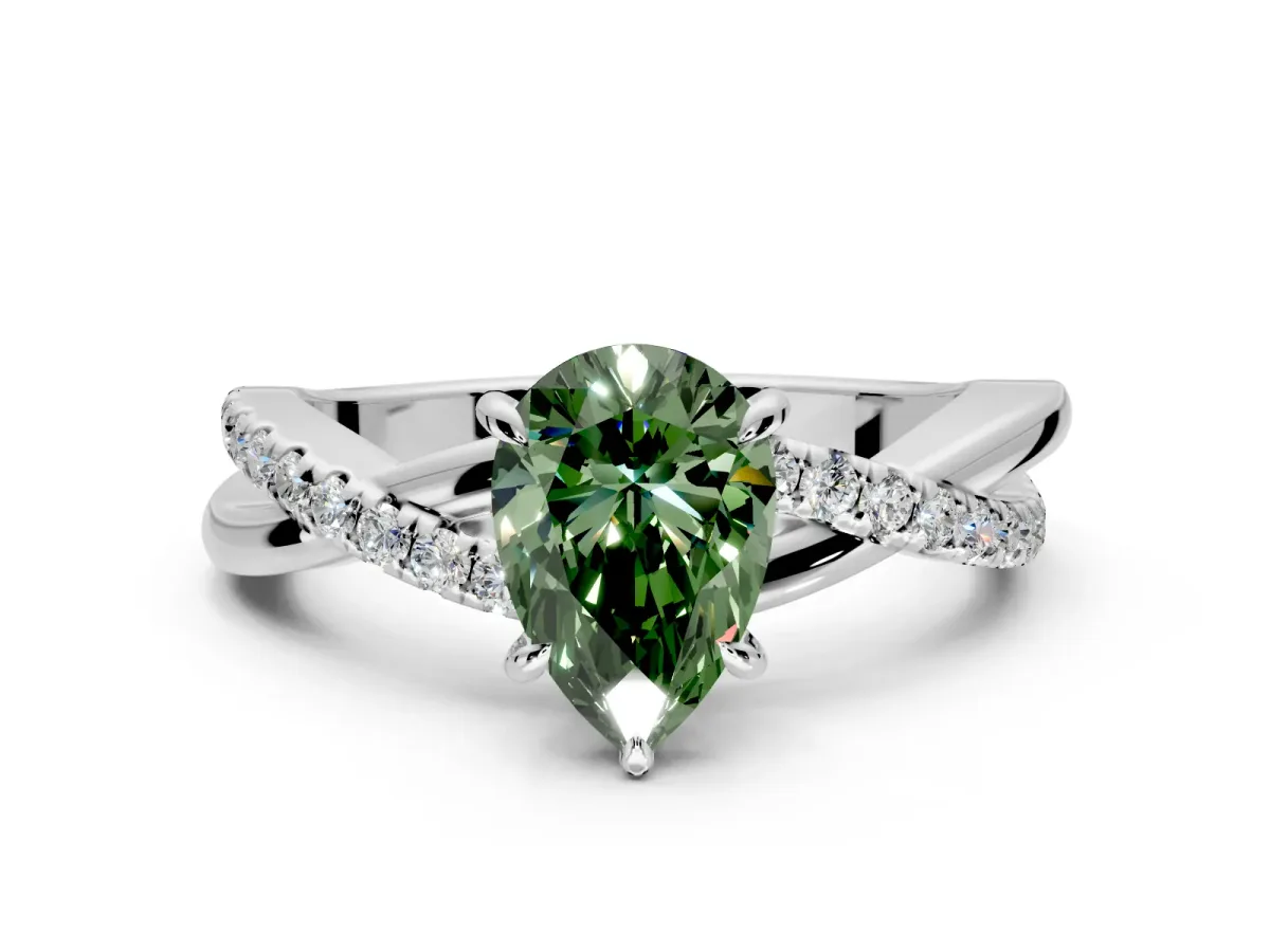 Crossover Engagement Ring Setting for Fancy Green Pear-Shaped Center with Pave and Plain Strands and Prong Head in Sterling Silver