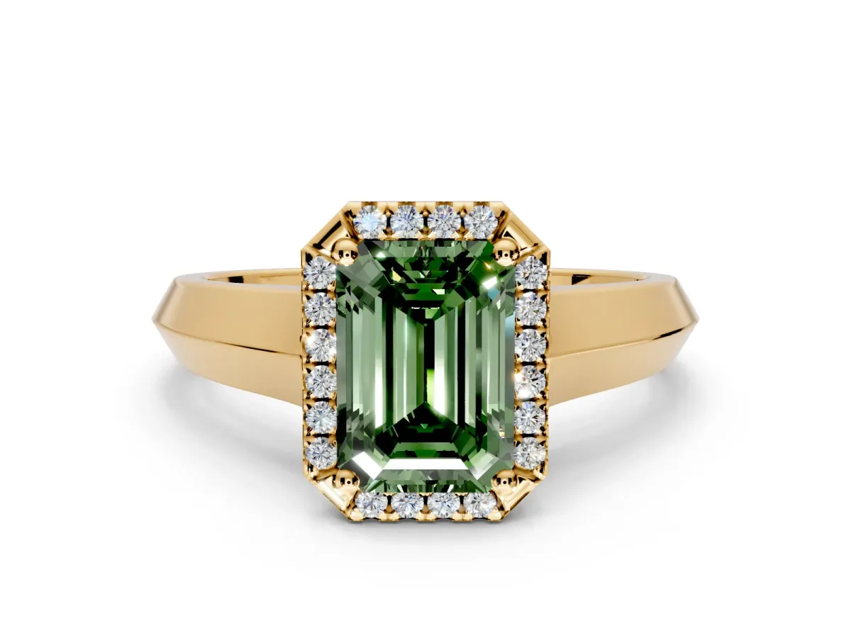 Halo Engagement Ring Setting for Fancy Green Emerald Cut Center with Knife Ridge Cathedral Band and Prong Head in Yellow Gold