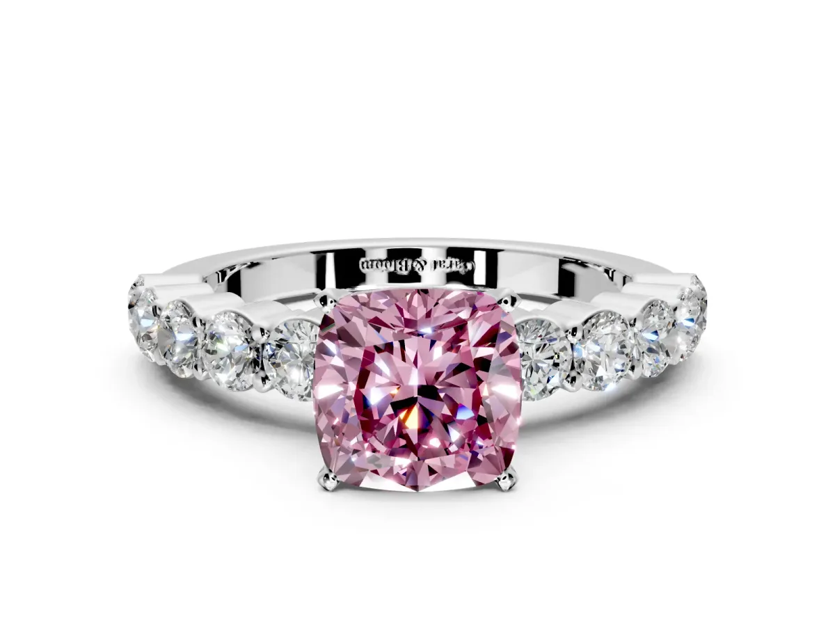 Shared-Prong Engagement Ring Setting for Fancy Pink Cushion Cut Center with Graduated Accents and Prong Head in Platinum