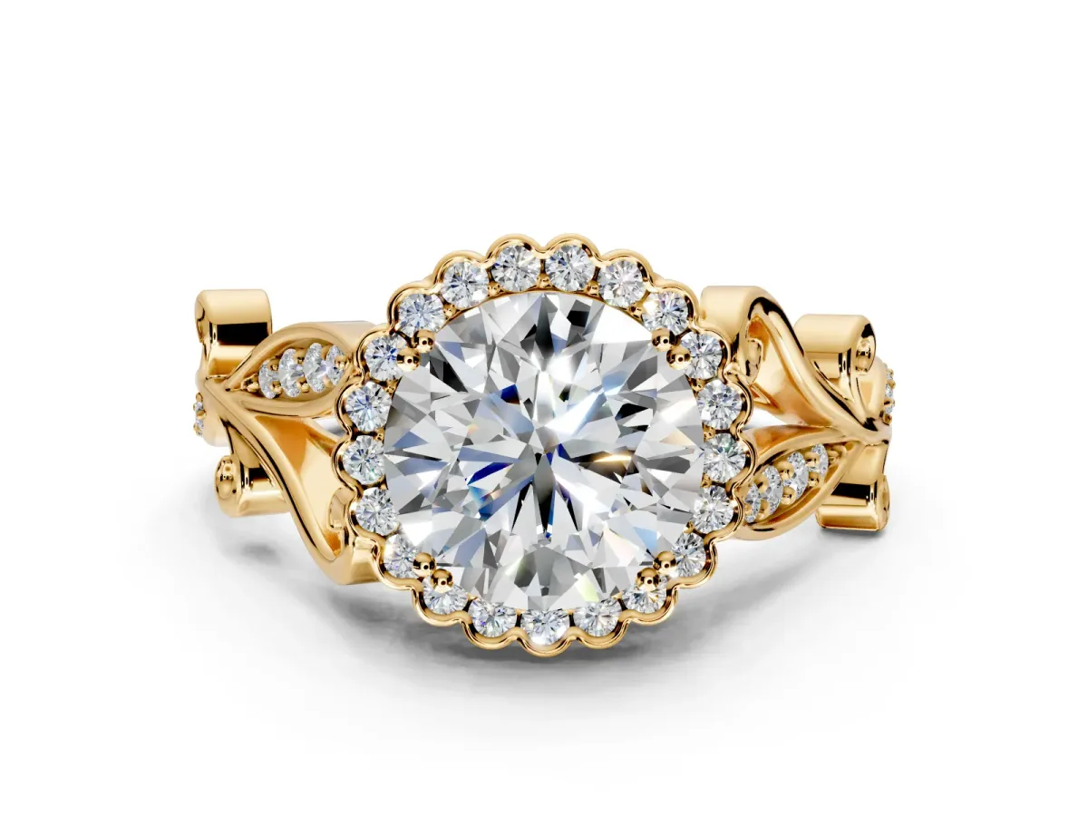 Halo Engagement Ring Setting for Round Cut Center with Leaf Motif Split Shank and Prong Head in Yellow Gold