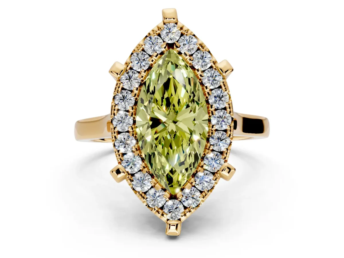 Single Halo Engagement Ring Setting for Fancy Yellow Marquise Center with Corner Claws, Plain Band and Prong Head in Yellow Gold