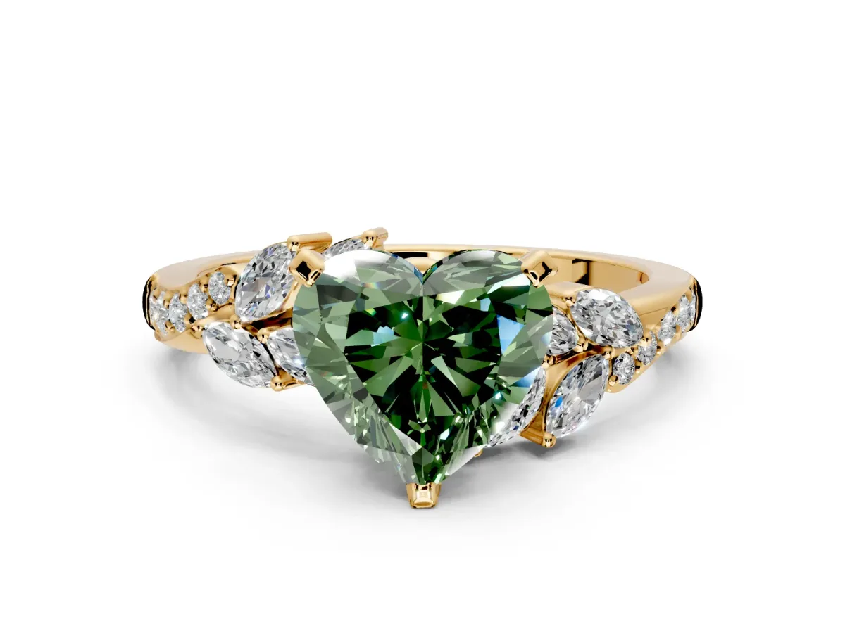 Solitaire Engagement Ring Setting for Fancy Green Heart-Shaped Center with Marquise Accent Twist Band and Prong Head in Yellow Gold