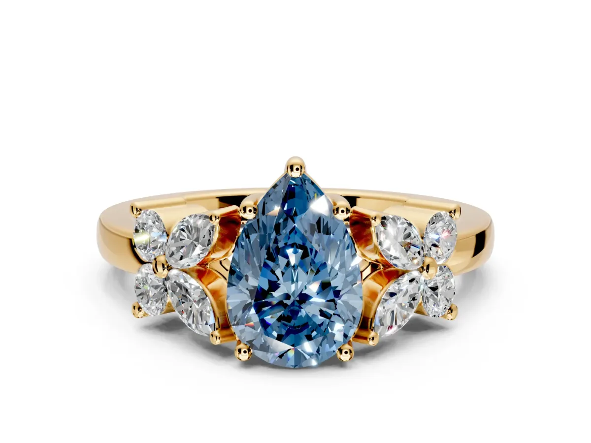 Floral Engagement Ring Setting for Fancy Blue Pear-Shaped Center with Marquise Cluster Shoulders and Prong Head in Yellow Gold
