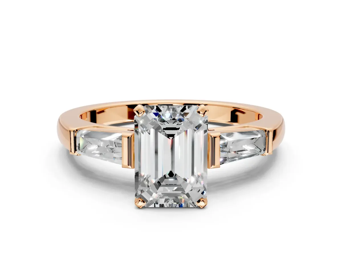 3 Stone Engagement Ring Setting for Emerald Cut Center with Tapered Baguettes, Plain Band and Prong Head in Rose Gold
