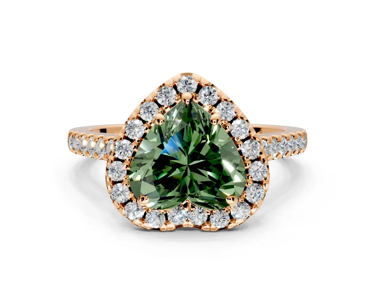 Halo Engagement Ring Setting for Fancy Green Heart-Shaped Center with Raised Halo, Pave Band and Prong Head in Rose Gold