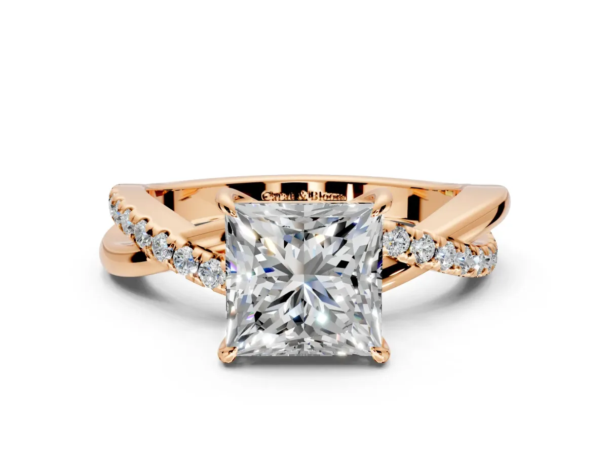 Crossover Engagement Ring Setting for Princess Cut Center with Pave and Plain Strands and Prong Head in Rose Gold