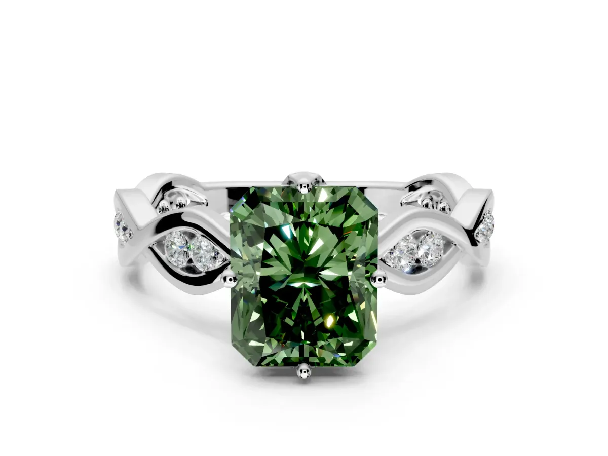Solitaire Engagement Ring Setting for Fancy Green Radiant Cut Center with Accented Twist Band and Leaf Prong Head in Platinum