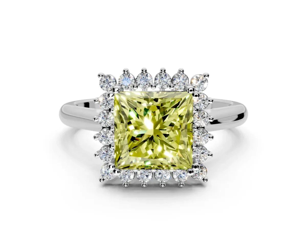 Starburst Halo Engagement Ring Setting for Fancy Yellow Princess Cut Center with Thin Round-Wire Band and Prong Head in White Gold