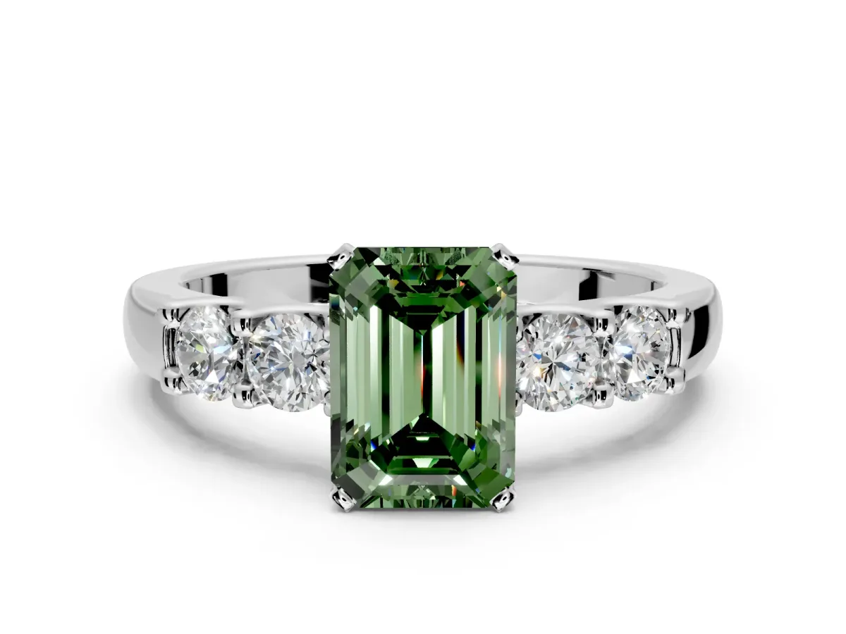 5 Stone Engagement Ring Setting for Fancy Green Emerald Cut Center with Plain Band and Prong Head in Platinum