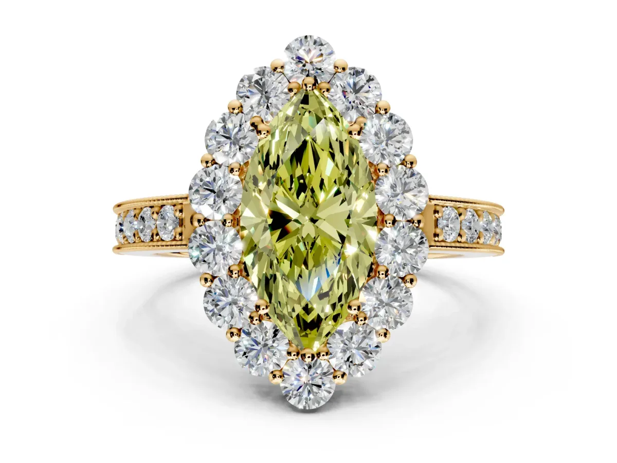 Halo Engagement Ring Setting for Fancy Yellow Marquise Center with Milgrain Channel Band and Prong Head in Yellow Gold