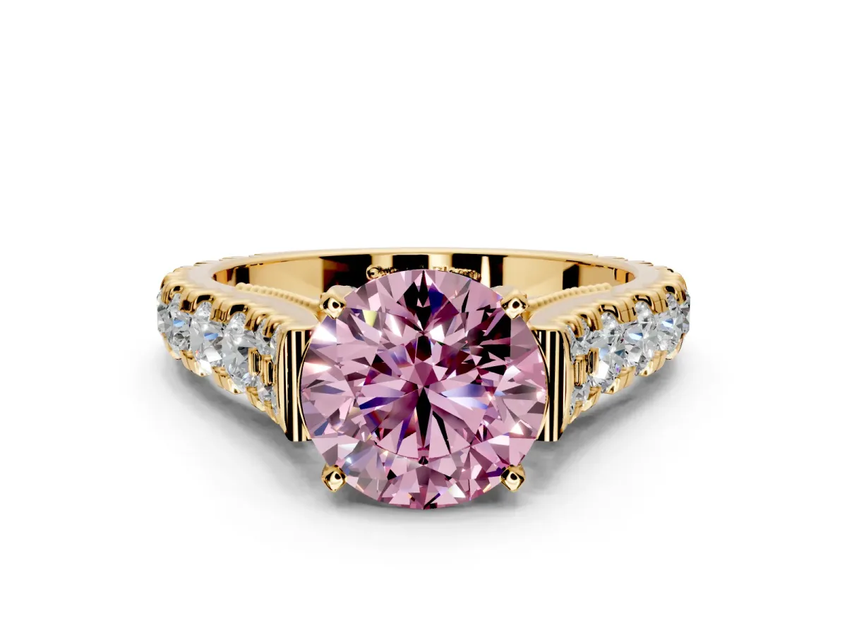 Solitaire Engagement Ring Setting for Fancy Pink Round Cut Center with Pave Cathedral Shoulders and Prong Head in Yellow Gold