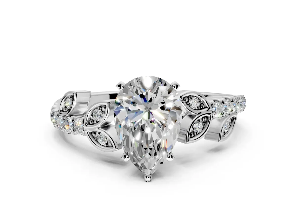 Leaf Motif Engagement Ring Setting for Pear-Shaped Center with Pave Band and Prong Head in Sterling Silver