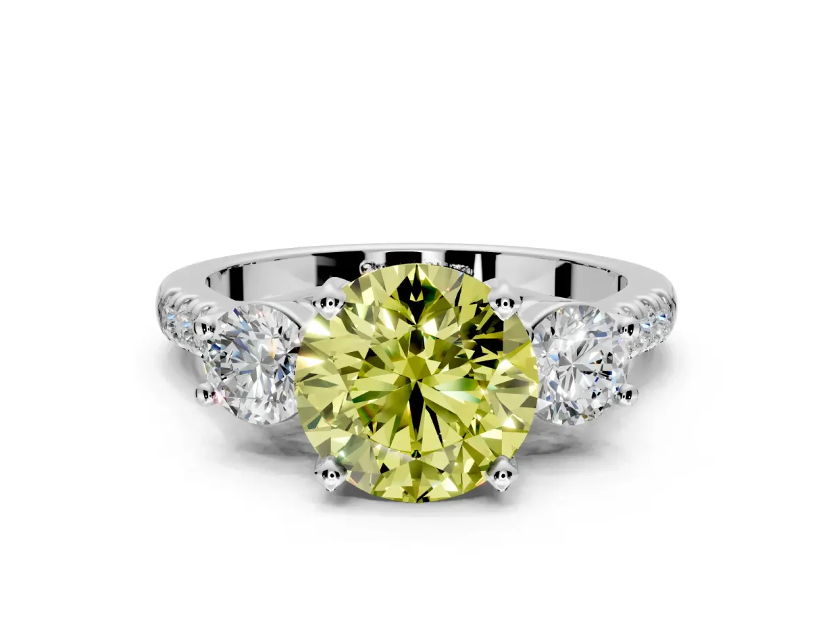 3 Stone Engagement Ring Setting for Fancy Yellow Round Cut Center with Crossover Basket, Pave Band and Prong Head in Sterling Silver