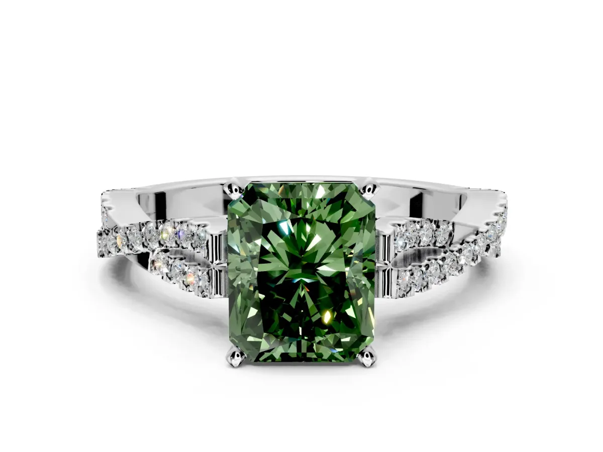 Solitaire Engagement Ring Setting for Fancy Green Radiant Cut Center with Twisted Pave Split Shank and Prong Head in Platinum